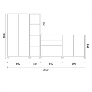 Rozwiązanie Do Przechowywania Qbus Szafa + 4 Otwarte Przegrody + 4 Szuflady + Szafka, Nóżki, Uchwyty, 1636x2800x420 Mm, Czarny, Jasnoszary